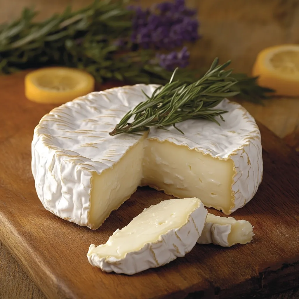 A round wheel of brie cheese sits on a wooden cutting board. It has been sliced open, revealing its creamy white interior. A sprig of rosemary sits on top of the cheese, and there are two smaller slices of brie on the board next to the wheel. The background is blurred, showing a wooden table and a bunch of lavender.  The image is a still life depicting a simple yet elegant cheese platter.