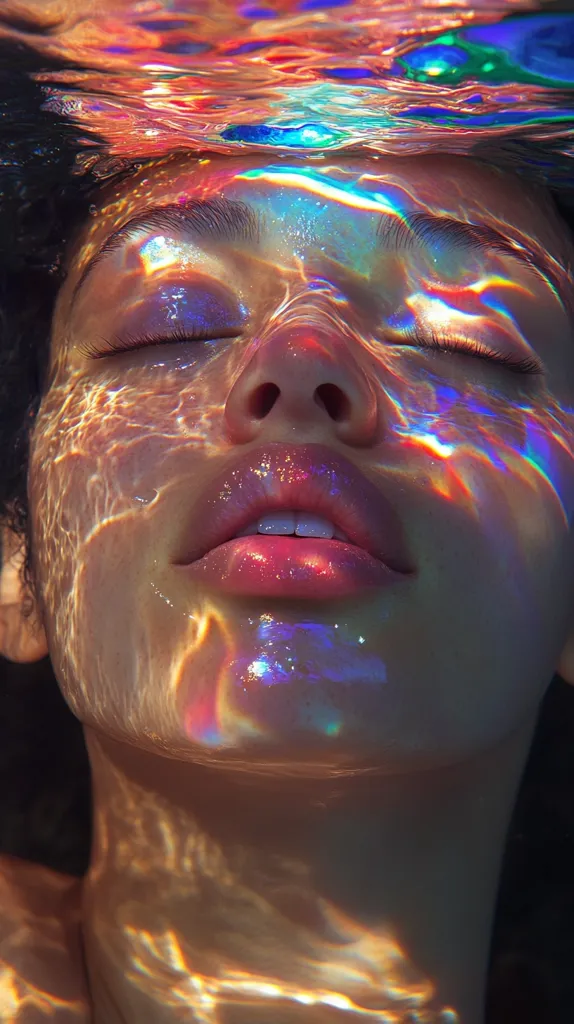 The image shows a close-up of a person's face underwater. The water is distorted, creating a rainbow effect on the person's skin. They have their eyes closed and their mouth is slightly open.  The image is a beautiful and abstract representation of the underwater world.  The play of light and shadow on the face creates a sense of mystery and intrigue.  It is a powerful image that evokes a sense of calm and peace.