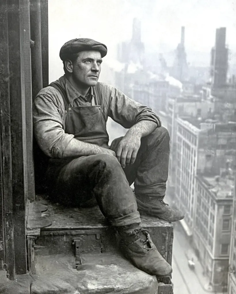 A man in a cap and work clothes sits on a ledge of a tall building. He is looking out at the city below, which is filled with buildings and smoke stacks. The photo is in black and white, and the man's expression is stoic. He appears to be a construction worker taking a break from his work.  The photo evokes a sense of danger and hard work.