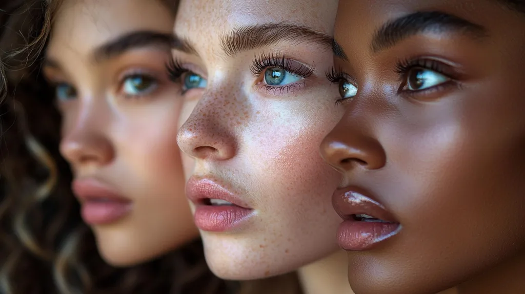 Three women of different ethnicities are looking to the right with their heads slightly turned. Their eyes are wide open, with their lips slightly parted. The woman on the far left has curly brown hair. The woman in the middle has fair skin with freckles. The woman on the right has dark brown skin. The image is close-up, focusing on the women's faces. Their skin appears smooth and flawless, with a soft focus.  The lighting is soft and warm, creating a gentle and inviting atmosphere. The image highlights the beauty of diversity and celebrates the unique features of each woman.
