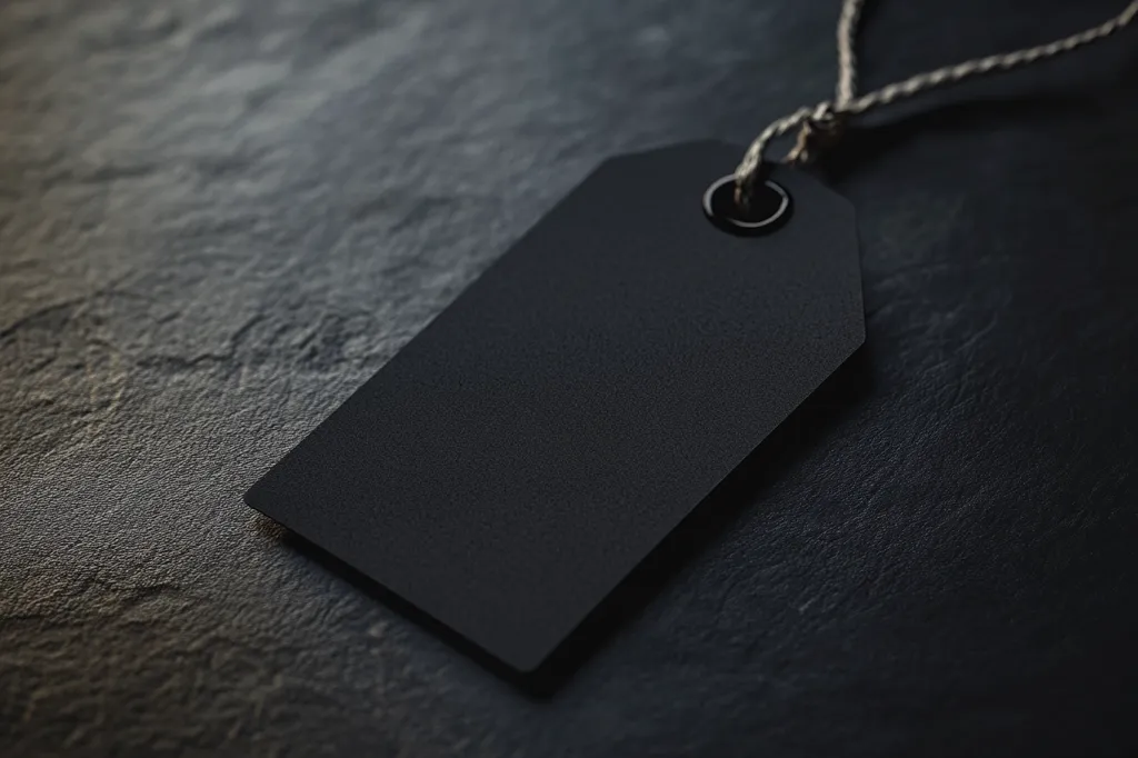 A black price tag with a metal ring and a string hangs on a dark, textured surface. The tag is blank, providing space for text or a design. The image evokes a sense of simplicity and minimalism, with the focus on the tag and its potential for customization. The dark background provides a stark contrast to the tag, drawing attention to its shape and texture.