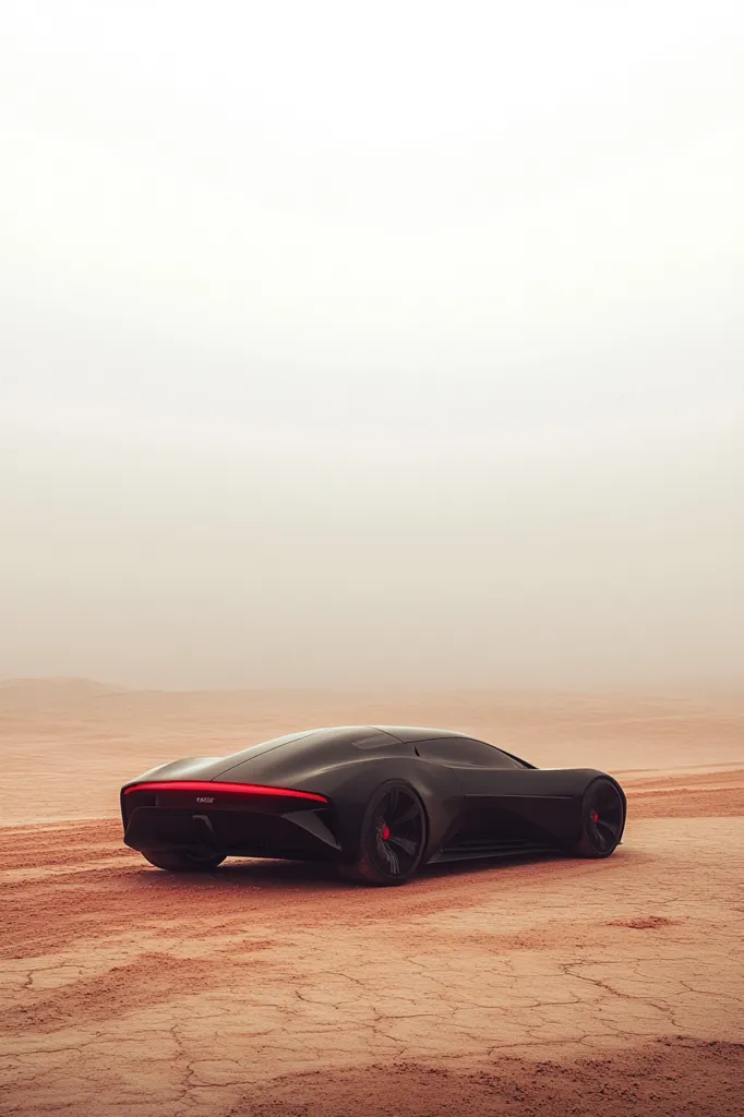 A sleek, black sports car with red brake lights sits in a sandy, desert landscape. The car is positioned in the middle of the frame, with the rear end facing the camera. The desert is hazy, giving the image a mysterious and atmospheric feel. The sky is a pale white, blending into the hazy horizon.