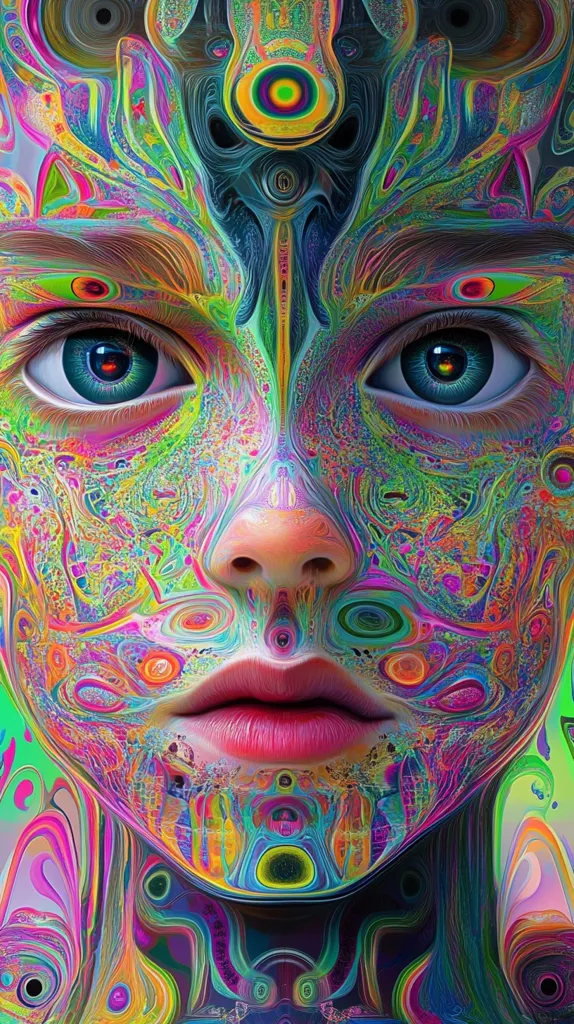 A close-up portrait of a person's face, rendered in a vibrant and psychedelic style.  The skin is covered in swirling patterns of pinks, greens, blues, and yellows, creating an abstract and otherworldly effect.  The eyes are wide and expressive, with large black pupils. The lips are full and painted a bright pink. The overall impression is one of surreal beauty and a playful exploration of color and form.