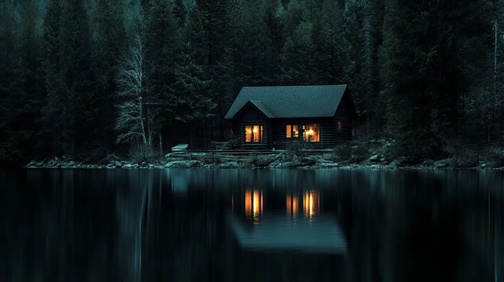 A secluded log cabin sits on the edge of a still lake, surrounded by a dense, dark forest. The only light comes from the warm glow of windows inside the cabin, reflecting in the water. The scene evokes a sense of peace and solitude, a place to escape the hustle and bustle of everyday life.