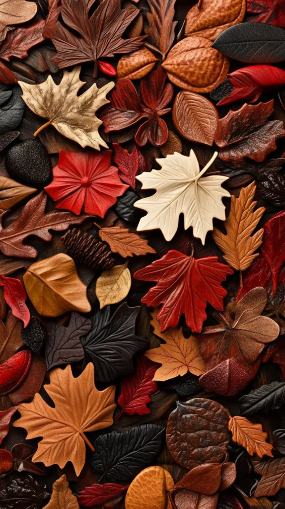 The image is a close-up of a collection of intricately carved leather leaves. The leaves are arranged in a random pattern, with different shapes, colors, and textures. Some leaves are brown, some are red, and some are black. There are also a few small, white leaves that stand out against the darker background. The leaves are all different sizes, but they are all beautifully crafted with detailed veins and markings. The image has a natural feel to it, and the intricate detail of the leaves creates a sense of beauty and artistry.