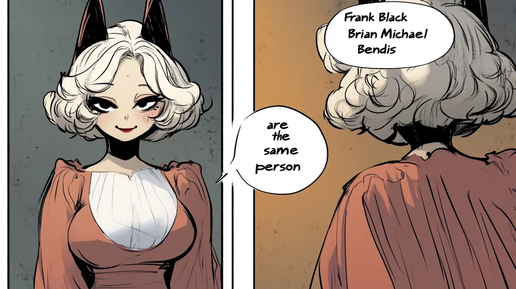 The image shows a comic book panel with two different perspectives of a woman. The left side shows her from the front, with black cat ears and a mischievous smile.  On the right, she is shown from the back, wearing a long orange dress. A thought bubble states "are the same person" and the name "Frank Black" is written above the woman on the right.  It seems to be a revelation about a character's true identity.  The artwork is in a black and white style with shades of gray and orange.