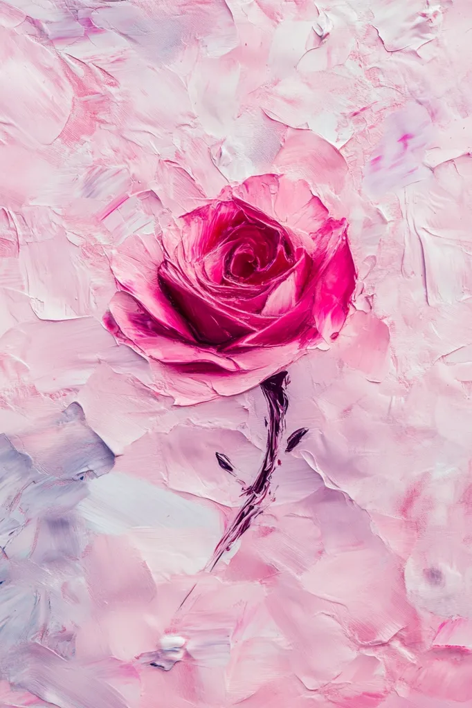 The image is a painting of a single pink rose with a thick, textured brushstroke style. The background is a light pink and white, with swirls of color and thick, uneven texture. The rose appears to be a single bloom, with no other foliage shown. The painting has a delicate, dreamy, and romantic feel.  The artist used a palette knife to create the heavy texture of the brushstrokes. The rose is the focus of the painting, as it is the largest element and is placed in the center of the composition. The background is secondary, but it adds depth and interest to the painting. The use of thick brushstrokes gives the painting a very tactile feel.