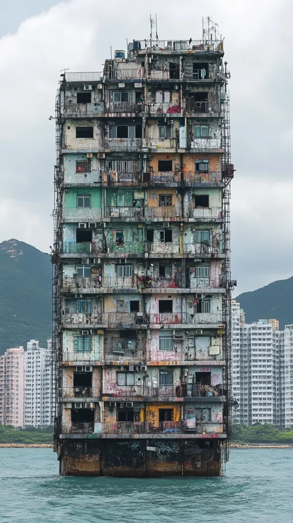 A tall, weathered apartment building stands on stilts in the water. It's a vibrant mix of colors, each floor with its own unique character. The building is surrounded by other buildings on the shore, and a mountain range in the background. The water is calm and serene, reflecting the sky.