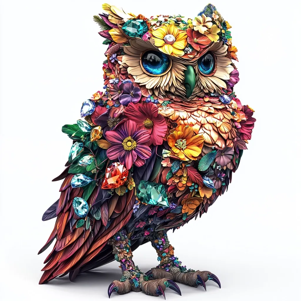The image depicts a vibrant, colorful owl adorned with an abundance of flowers, leaves, and sparkling gemstones. The owl's feathers are a rich, textured brown, while its face is covered in a variety of blossoms, creating a whimsical and ethereal aesthetic.  Its large, piercing blue eyes add a touch of mystique and intelligence to the overall design. The intricate details and vibrant hues make this owl a captivating piece of artwork.
