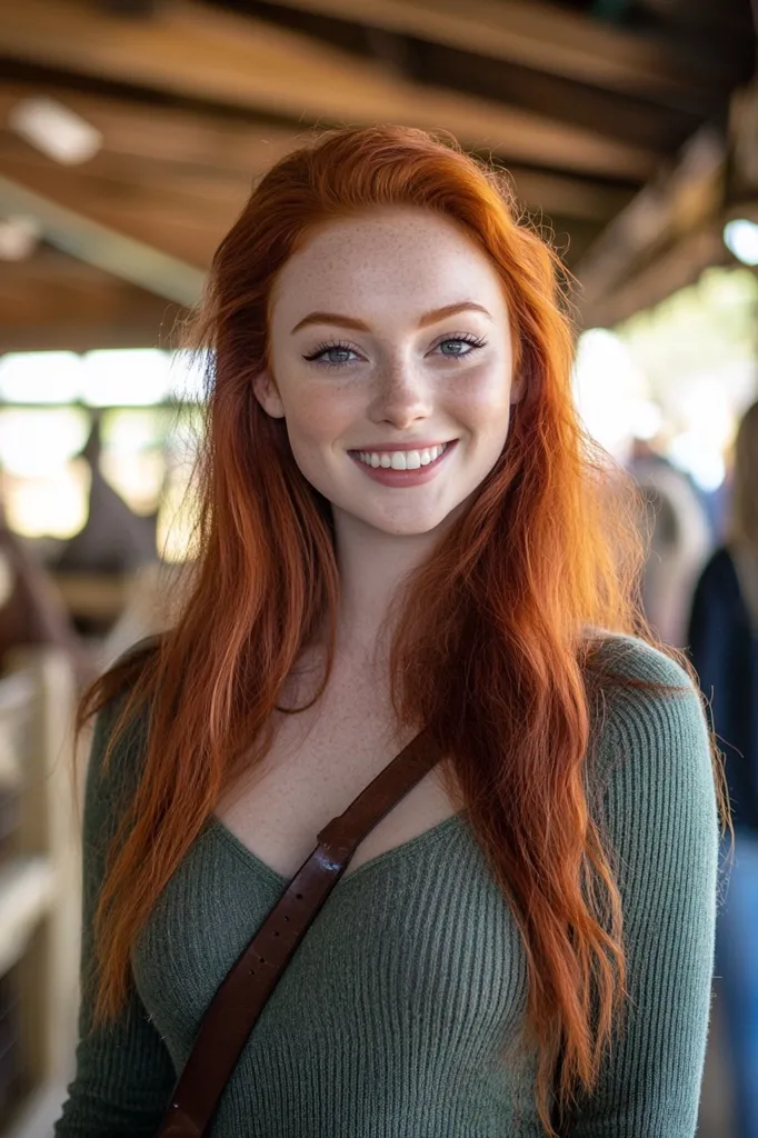 A young woman with long, flowing red hair smiles warmly at the camera. She is wearing a green sweater and a brown leather strap across her chest. She has freckles across her nose and cheeks. The background is blurry, suggesting a casual setting.
