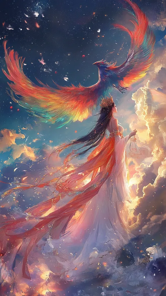 A woman with long black hair and a flowing white dress stands amidst a vibrant, swirling sky. She is adorned with a golden crown and a red sash, and she appears to be holding a glowing object. A large, colorful phoenix with wings spread wide circles around her, its feathers blending seamlessly with the clouds. The image is filled with a sense of wonder and magic.