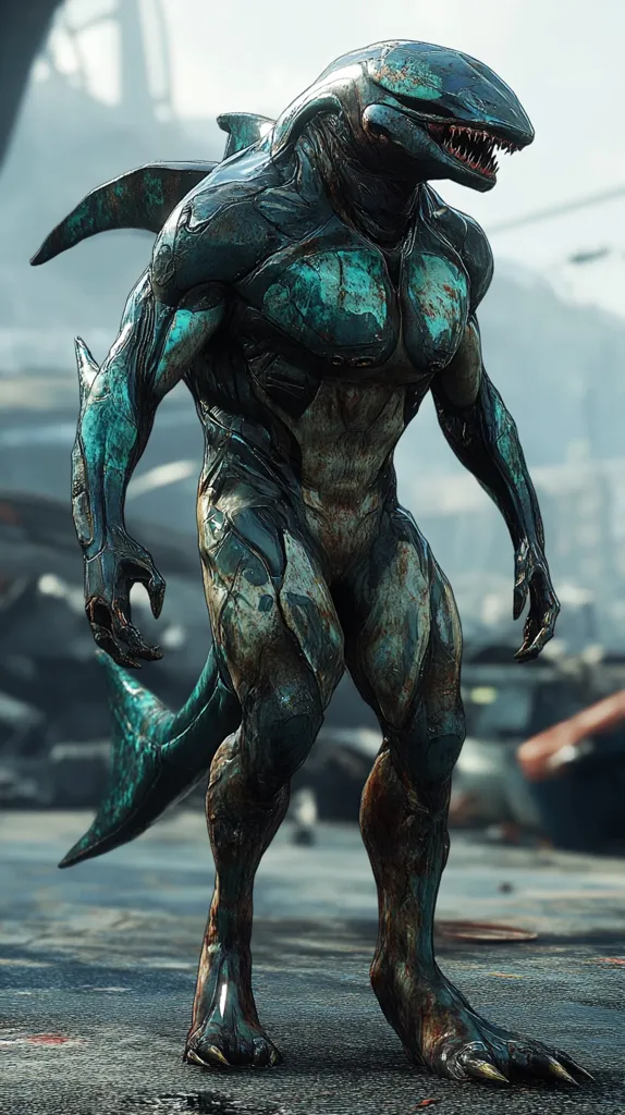 The image depicts a humanoid creature with a shark-like head and a teal, metallic body. Its muscular build suggests strength, and its sharp teeth and claws point to a predatory nature. The creature's pose is one of alertness, with its head tilted and its eyes focused on something beyond the frame. The image's backdrop is a blurry cityscape, hinting at a post-apocalyptic or futuristic setting. The overall effect is one of both danger and intrigue.