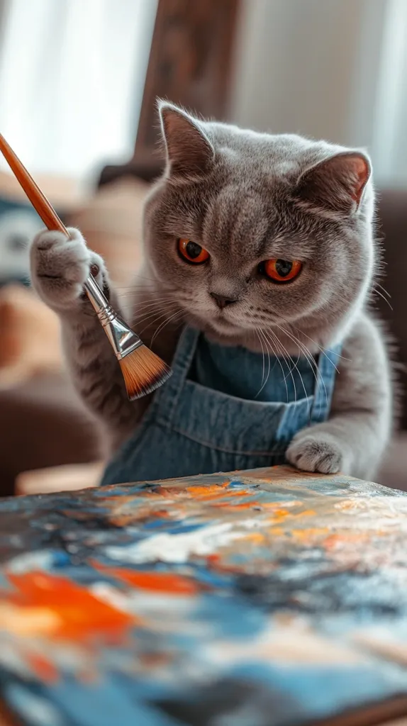 A grey cat wearing blue overalls is holding a paintbrush and looking intently at a colorful canvas in front of it. The cat's orange eyes are focused and its expression is serious. The image is a humorous and whimsical depiction of a cat as an artist. The scene is captured from a low angle, emphasizing the cat's focus and the size of the canvas.