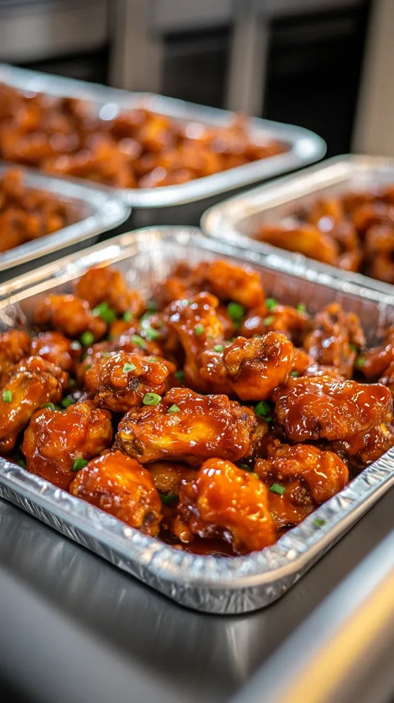 A close-up shot of a silver tray filled with buffalo wings. The wings are coated in a glossy, orange sauce and are scattered with green onion pieces. The wings are piled high in the tray and are arranged in an appetizing way. The background is out of focus, but it appears to be a kitchen or food preparation area. The lighting is bright and the image is well-composed.
