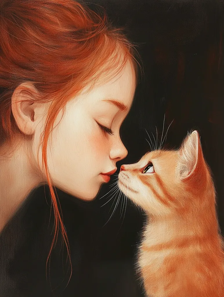 A young woman with long, red hair is leaning in close to a ginger cat. The woman's eyes are closed and she has a soft smile on her face, while the cat looks back at her with curiosity and affection. Their noses are almost touching and the scene radiates warmth and companionship. The painting is rendered in a soft, dreamy style, with a dark background that highlights the closeness of the pair.  It captures a tender moment of love and connection between a human and their animal companion.