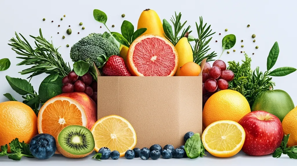 A brown paper bag overflowing with fresh produce, including citrus fruits, red apples, a kiwi, a bunch of grapes, a head of broccoli, and sprigs of rosemary. The bag is nestled amongst the fruits and vegetables, creating a vibrant and inviting display of healthy food.