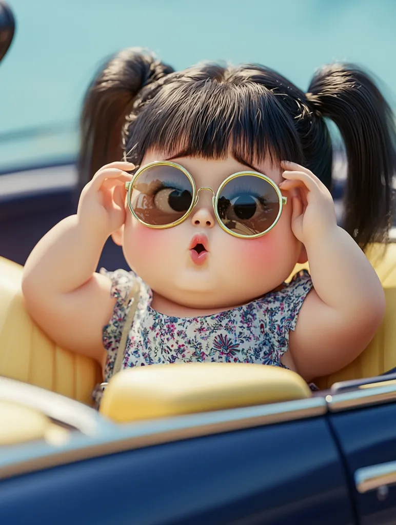 A young girl with pigtails wears oversized sunglasses and a floral dress. She sits in the front seat of a convertible car with a surprised expression on her face. Her chubby cheeks are flushed with a rosy hue and her large eyes gaze out at the viewer. The car's interior is yellow and the exterior is blue.  The image is bright and playful, conveying a sense of innocence and joy.