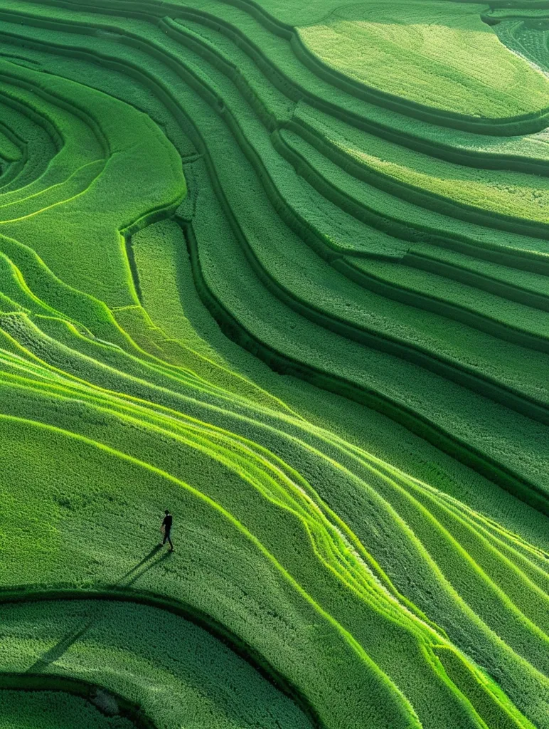 The image showcases a breathtaking aerial view of verdant rice terraces, forming undulating waves of green. The land is meticulously carved into a series of steps, showcasing the hard work and dedication of farmers. A lone figure walking across the terraces adds a sense of scale and human connection to the vast landscape. The bright sunlight illuminates the scene, highlighting the vibrant greens and the delicate patterns in the fields. The overall impression is one of tranquility and beauty, a testament to nature's artistry and the human ability to shape the land.