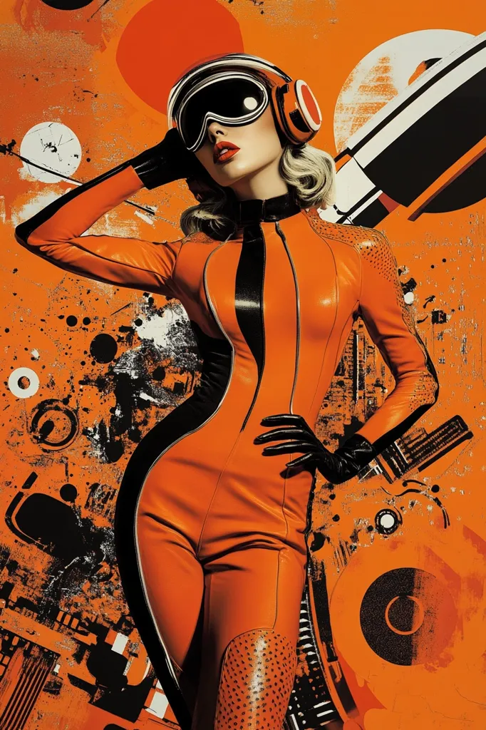 A woman in an orange jumpsuit and ski goggles stands against an abstract orange and black background. The background is a collage of shapes and lines that seem to form a futuristic cityscape. The woman's pose is confident and striking, with her hand on her hip and her eyes looking to the side. The overall effect is bold and dynamic.