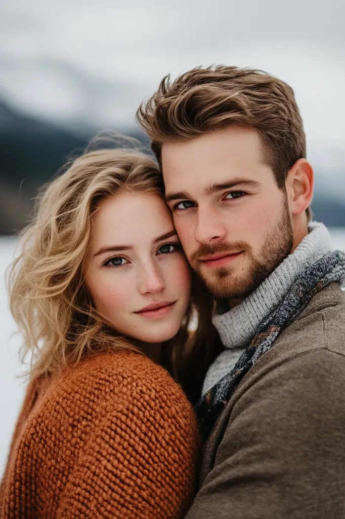 A young couple stands close together, their faces inches apart. The woman has long blonde hair and is wearing a brown sweater, while the man has short brown hair and a beard. His arm is wrapped around her, and they look deeply into each other's eyes. The image is a beautiful portrait of love and intimacy.