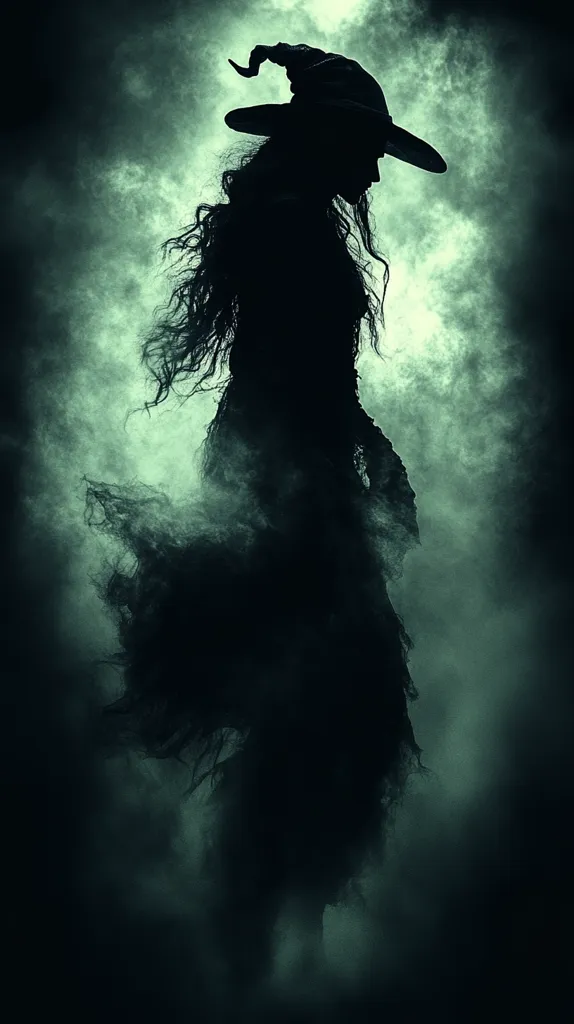 A shadowy figure of a witch, cloaked in darkness, stands amidst swirling green mist. Her face is hidden by a wide-brimmed hat, and her long flowing hair and robes blend with the ethereal background, creating an eerie and mysterious ambiance. The image evokes a sense of magic and the unknown.