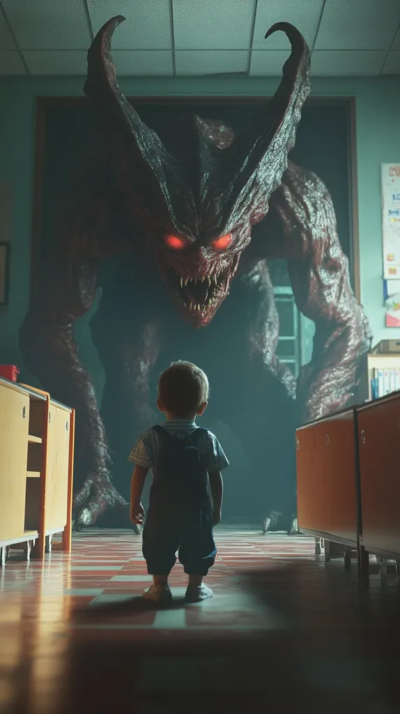 A young boy stands in a dimly lit room, facing a terrifying red demon with glowing eyes. The monster looms over the boy, filling the doorway with its menacing presence. The room is sparsely furnished, adding to the eerie atmosphere. The boy's small stature and the imposing size of the demon create a stark contrast, highlighting the child's vulnerability. The image evokes a sense of fear and uncertainty.