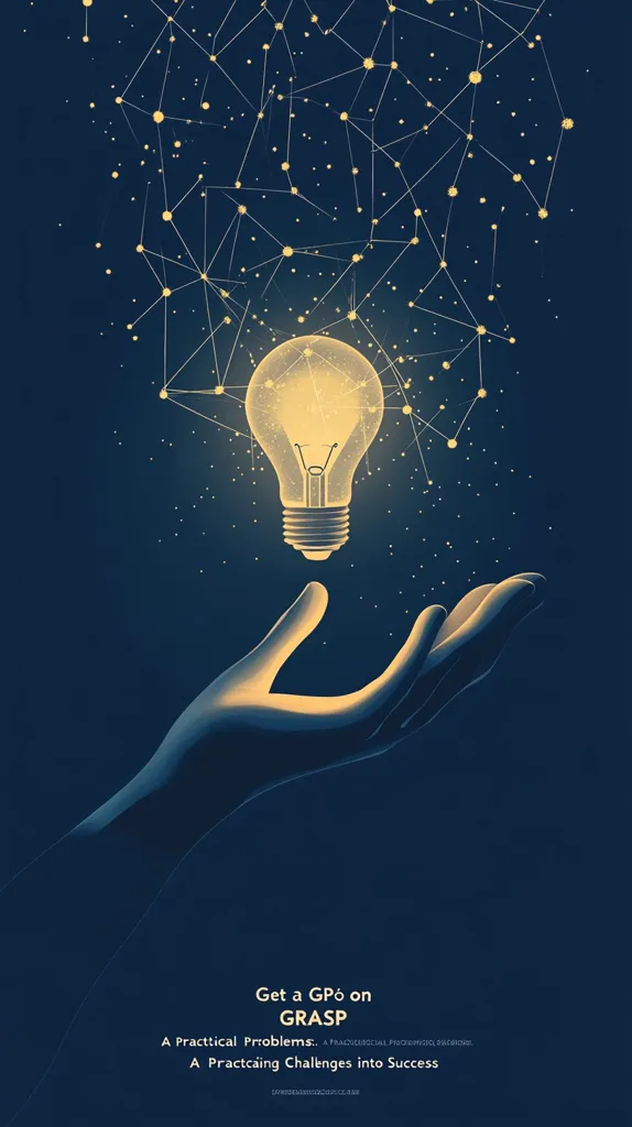The image depicts a glowing lightbulb hovering above an outstretched hand. The lightbulb is connected to a constellation of smaller lights by thin lines, creating a network-like structure.  The background is a dark blue, and the text below reads "Get a GPô on GRASP, A Practical Problems..., A Practicaing Challenges into Success."  The image suggests the idea of connecting and solving problems to achieve success.