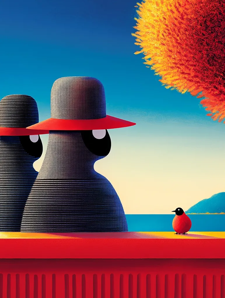 Two figures wearing black and white striped suits and red hats stand on a red platform. The figure in front has a red brimmed hat, the other figure's hat is black. They look out at a small red bird perched on a yellow railing next to a blue body of water. An orange tree with branches like feathers hangs above the scene. The sky is bright blue. The image has a minimalist and stylized look, with bold colors and simple shapes.