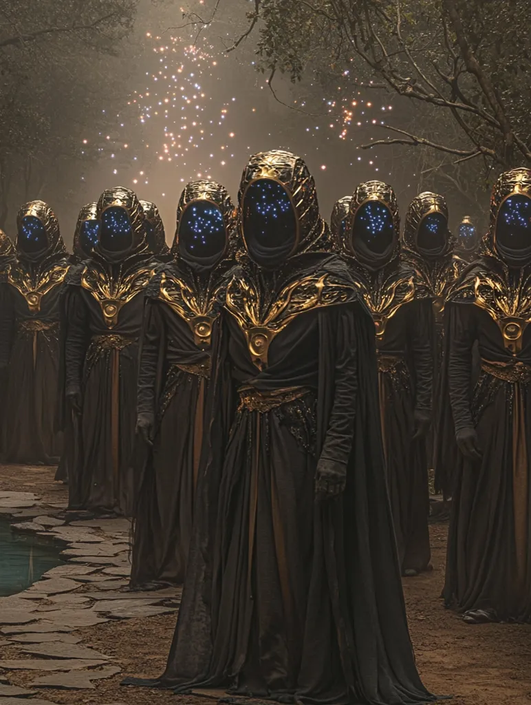 A line of hooded figures clad in black robes and gold accents stand in a misty forest.  They are arranged in a single file line with their heads bowed, their faces obscured by their hoods. The soft light from above casts a faint glow upon the scene, hinting at a magical or otherworldly presence.