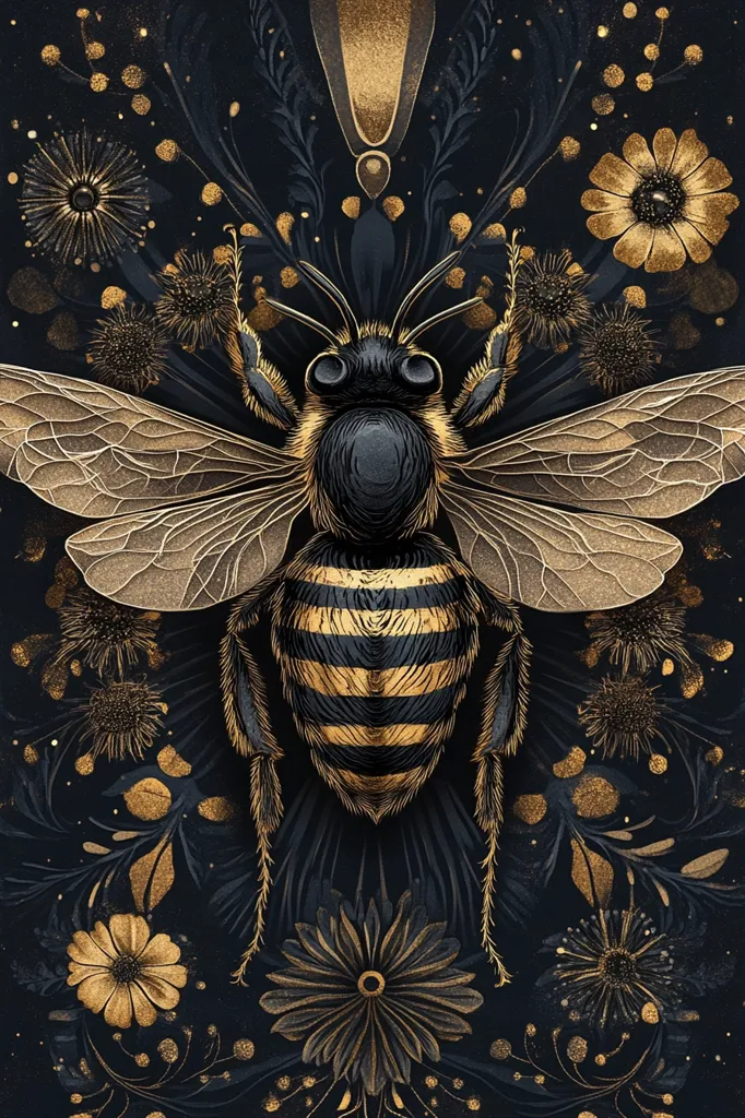 The image shows a bee, with its wings spread,  set against a black background with gold accents. The bee is detailed and intricate, with gold highlights on its wings and body. The background is decorated with stylized gold flowers and leaves, creating a sense of opulence and beauty.