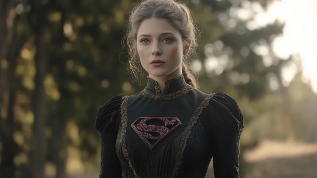 A young woman with long brown hair, wearing a black dress with a Superman symbol embroidered on the chest, stands in front of a blurred background of green foliage. Her face is framed by her hair, and she stares directly at the camera with a serious expression. The lighting is soft, casting a warm glow on her face. The image evokes a sense of strength and determination, as if she is ready to take on any challenge.