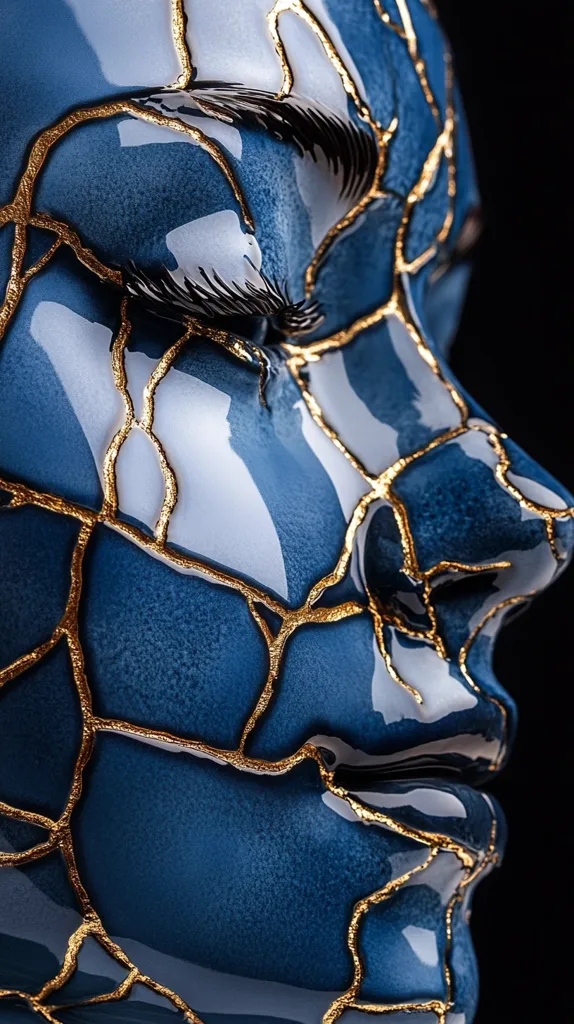 A close-up of a face, painted in a deep blue with gold cracks. The face is shown in profile, the eyes closed, and the lips are slightly parted. The paint is glossy and textured, creating a striking visual effect. The dark background emphasizes the contrast between the blue and gold.