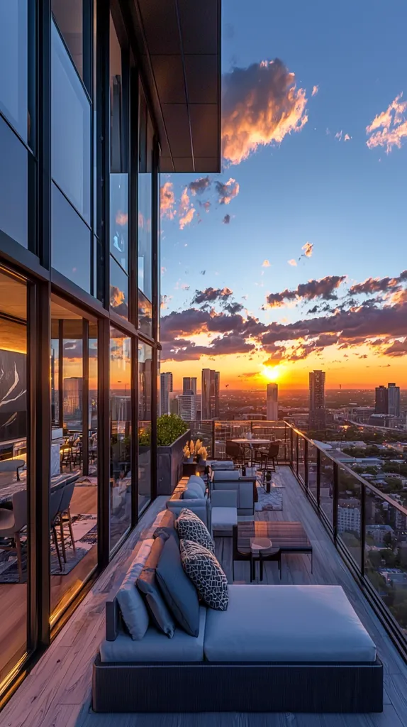The image shows a luxurious balcony with a large, comfy couch overlooking a city skyline. The sun is setting in the distance, casting a warm glow on the clouds and the cityscape. The balcony is furnished with modern patio furniture and has a glass railing, providing an unobstructed view of the city. The image evokes a sense of relaxation and tranquility, with the warm colors of the sunset creating a peaceful atmosphere.
