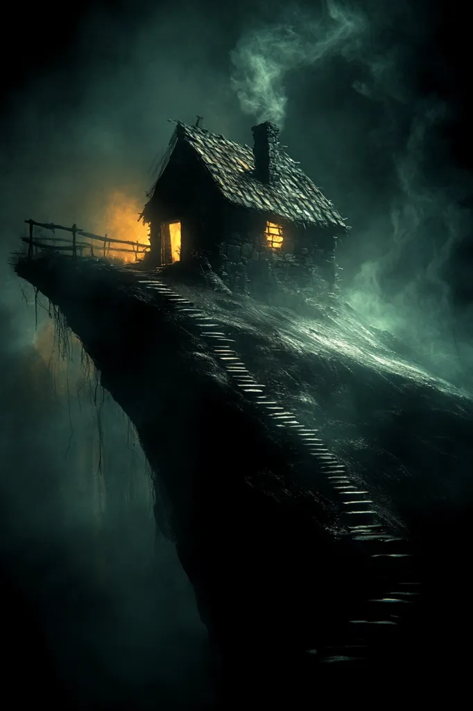 A small, dark, and mysterious cabin sits precariously on the edge of a cliff, shrouded in mist and smoke. A faint light shines from a window, casting an eerie glow. A winding staircase leads up to the cabin, beckoning the viewer closer to the unknown. The scene evokes a sense of solitude and isolation, hinting at a story waiting to be unfolded.