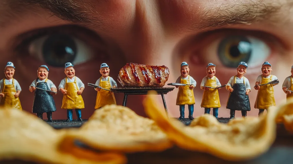 The image shows a close-up of a person's eye looking down at a miniature scene of a BBQ. Small figurines of people in aprons are grilling a large steak, surrounded by potato chips. The scene is playful and humorous, with the eye appearing to be watching the miniature BBQ with amusement. The focus on the miniature scene creates a sense of scale and perspective. The image is well-composed and visually engaging.