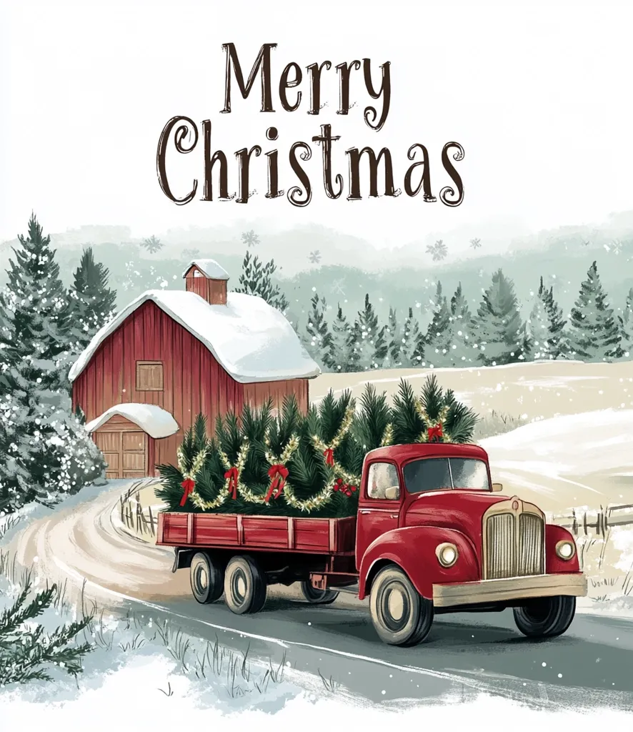 A red truck is loaded with Christmas trees, driving down a snowy road. In the background is a red barn with a white roof and a snowy forest. The words "Merry Christmas" are at the top of the image. The scene is a whimsical and festive depiction of a winter wonderland.