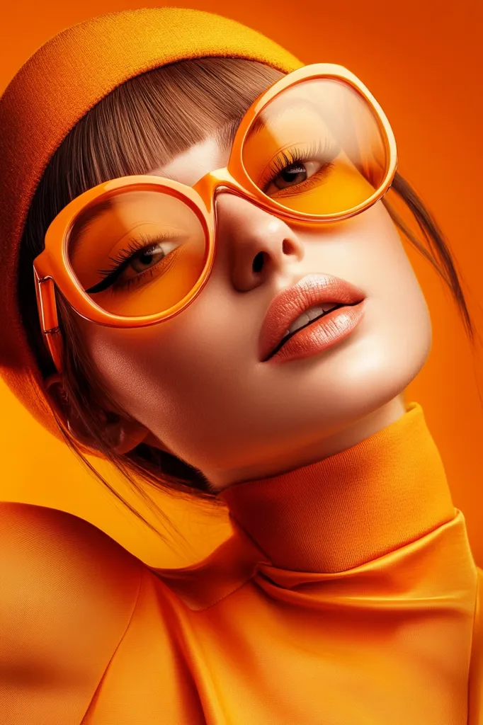 A woman with long brown hair and a bright orange beret, wearing large orange sunglasses and an orange turtleneck, is looking up to the right. Her lips are slightly parted, and she has a soft, feminine expression. The background is a solid orange color. The photo has a vintage, retro feel.