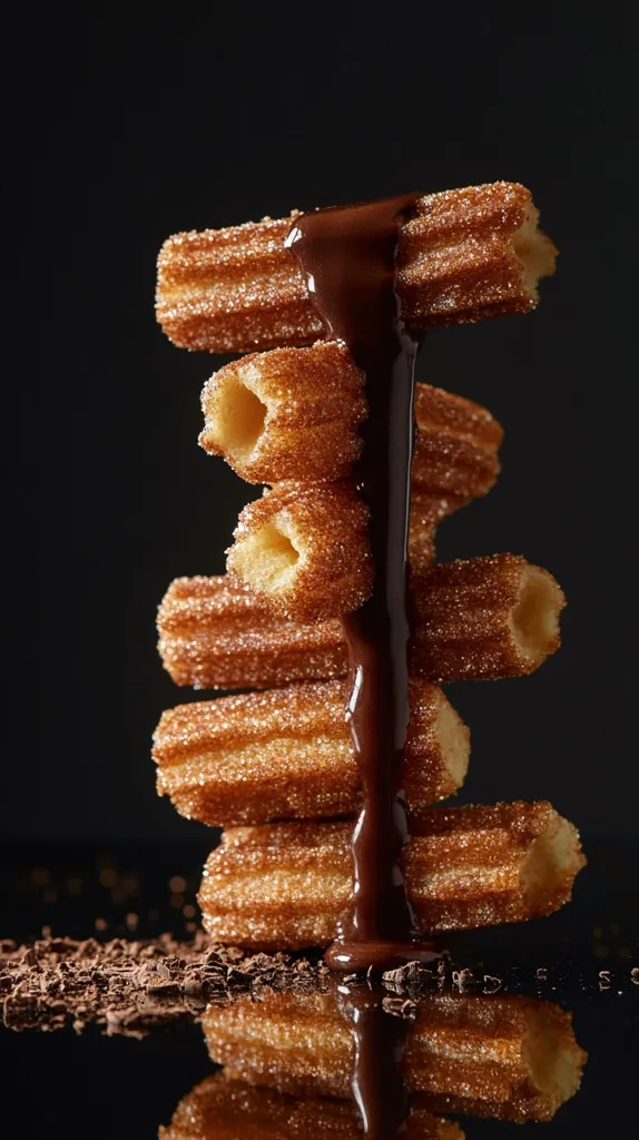 A stack of churros, drizzled with chocolate sauce, sits on a black surface with a scattering of chocolate shavings. The churros are golden brown and crispy, and the chocolate sauce is rich and decadent. The image is captured from a slightly elevated angle, showcasing the depth of the chocolate sauce and the beautiful textures of the churros.  The reflection of the churros in the surface adds a sense of depth and visual interest.  The overall composition is simple yet striking, evoking a sense of deliciousness and indulgence.