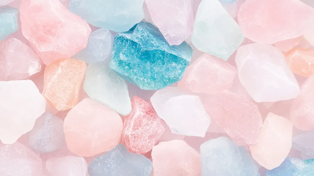A close-up shot of a collection of pastel-colored, semi-transparent stones. The colors range from pale pink to light blue, with a few stones having a more vibrant hue. The stones are arranged in a random pattern, creating a visually pleasing and soft aesthetic. The image evokes a sense of calmness and tranquility.