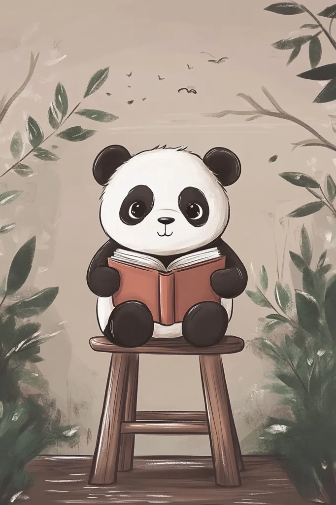 A cute panda, with big eyes, is sitting on a wooden stool and reading a book.  The panda is surrounded by foliage, with birds flying overhead. The illustration is done in a cartoon style and has a whimsical feel.  The panda's expression is calm and focused, and the overall feeling of the image is one of peace and tranquility.