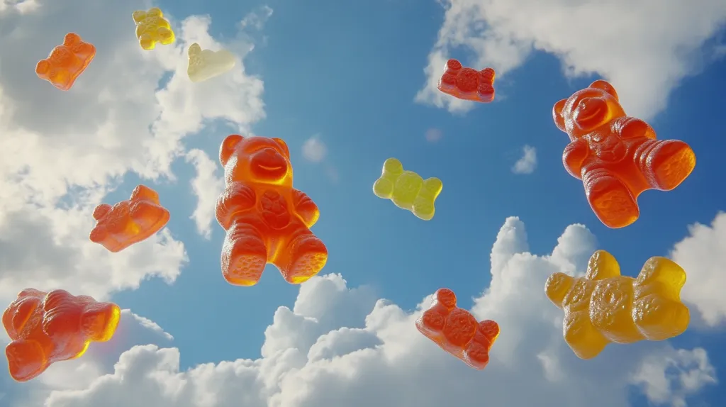 A whimsical scene of gummy bear-shaped candies floating in a bright blue sky with puffy white clouds. The candies are various shades of orange and yellow, creating a cheerful and playful atmosphere.  The image evokes a sense of joy and lightheartedness.