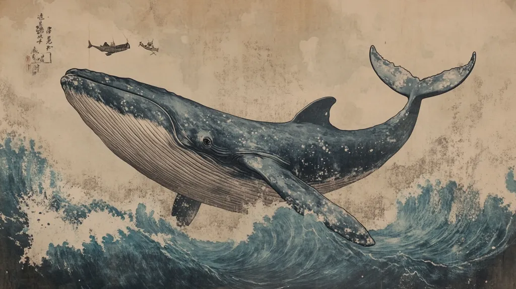 The image depicts a large whale breaching from the ocean, its tail raised high in the air. The whale is a dark blue, with a light belly and a speckled surface. The ocean is a deep blue, with whitecaps and foamy waves. In the distance, there are two small boats, suggesting a serene and peaceful ocean scene. The background is a light tan, with an aged texture, giving the image a vintage aesthetic.  The overall composition is balanced and elegant, capturing the majestic beauty of the whale and the vastness of the sea.