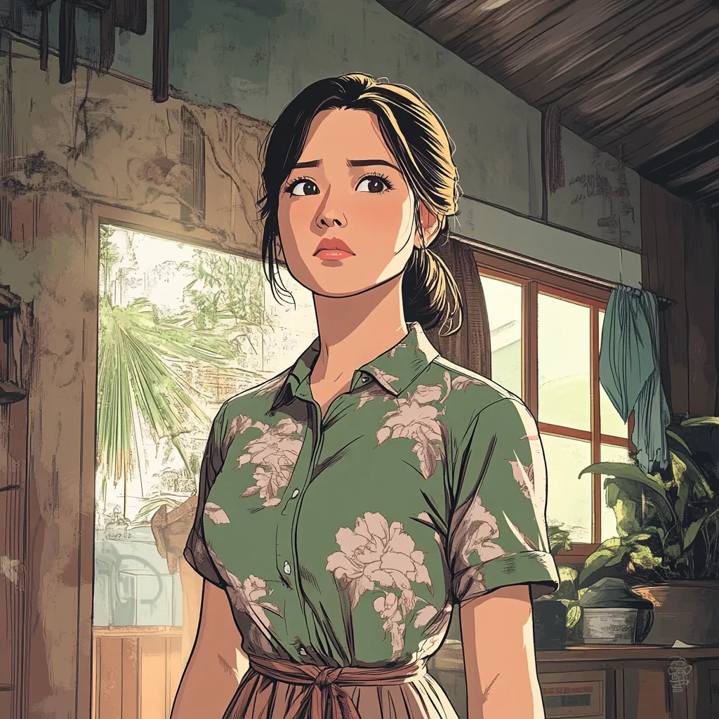 The image depicts a young woman with dark hair, wearing a green floral dress. She is standing in a room with a large window that looks out onto a lush, green garden. The room appears to be old and worn, with wooden beams and peeling paint. The woman's expression is concerned, her eyes wide and her brow furrowed. She is looking out the window, as if she is waiting for something or someone.  The overall tone of the image is one of anticipation and uncertainty.