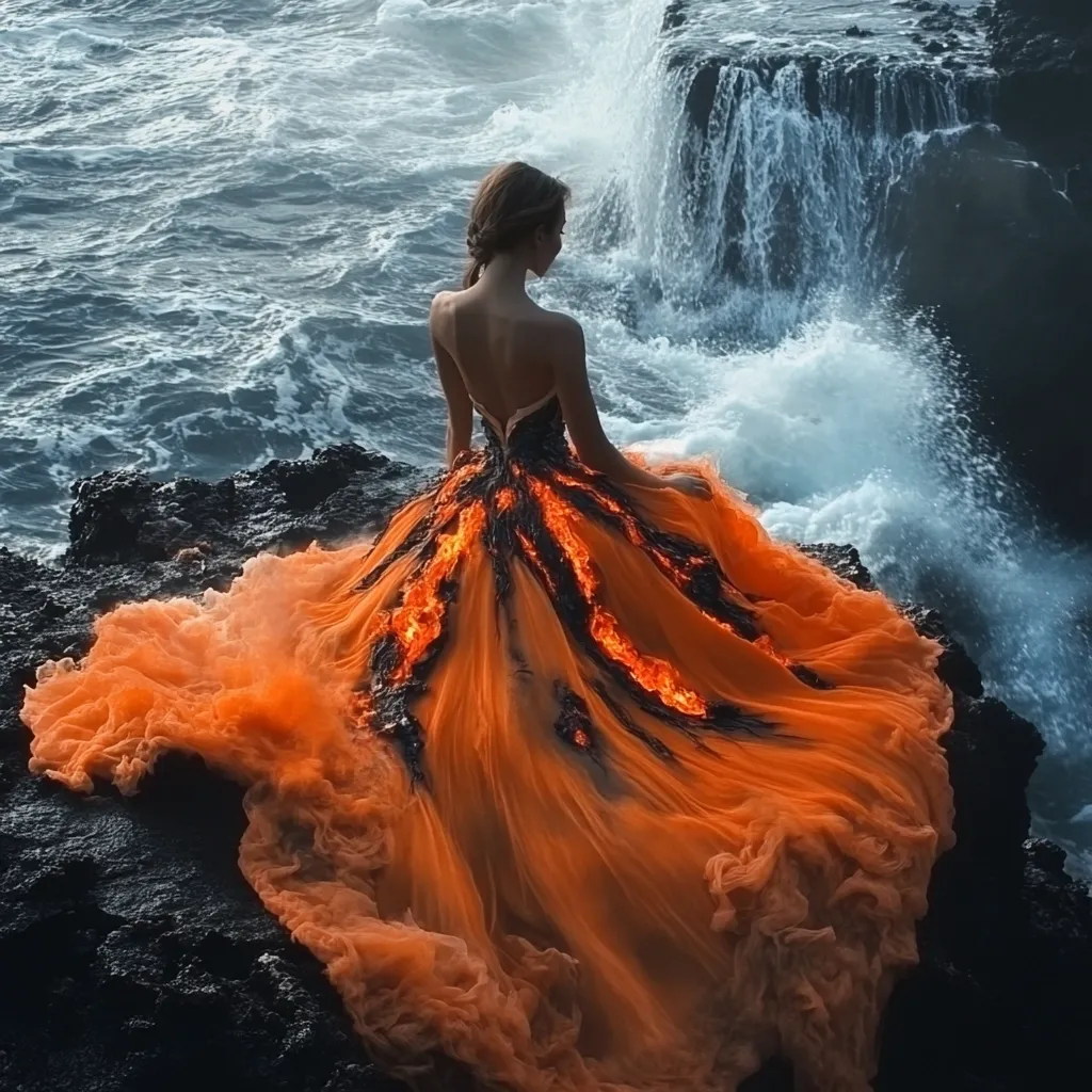 A woman in a fiery orange gown, resembling a lava flow, sits on a rocky outcrop overlooking a churning ocean. The gown's intricate details, resembling molten rock and flames, contrast dramatically against the crashing waves and the dark, rugged rocks. The image creates a surreal and captivating scene, blending elements of nature and human creation.