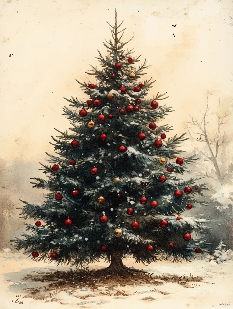 A tall, snow-covered Christmas tree stands in a snowy landscape. The tree is adorned with red and gold ornaments, and its branches reach towards the sky. The scene is painted in a soft, vintage style, evoking a sense of peace and joy. The background is a hazy, snowy forest.  A few bare trees are visible in the background.  The image has a soft, muted color scheme, with browns, blues, and whites. The overall effect is one of peace and serenity.  This is a classic Christmas image that is sure to evoke feelings of warmth and nostalgia.