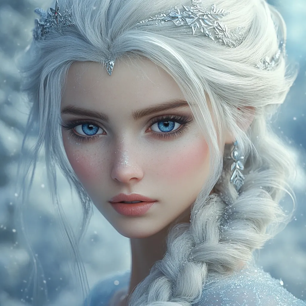 A young woman with long, white hair styled in a braid,  wears a silver crown and earrings. She has bright blue eyes and fair skin, with soft pink cheeks. She looks directly at the viewer, a gentle and serene expression on her face. The background is a soft, out-of-focus blur of blue and white, giving the impression of a winter wonderland. The image is styled in a whimsical and ethereal manner.