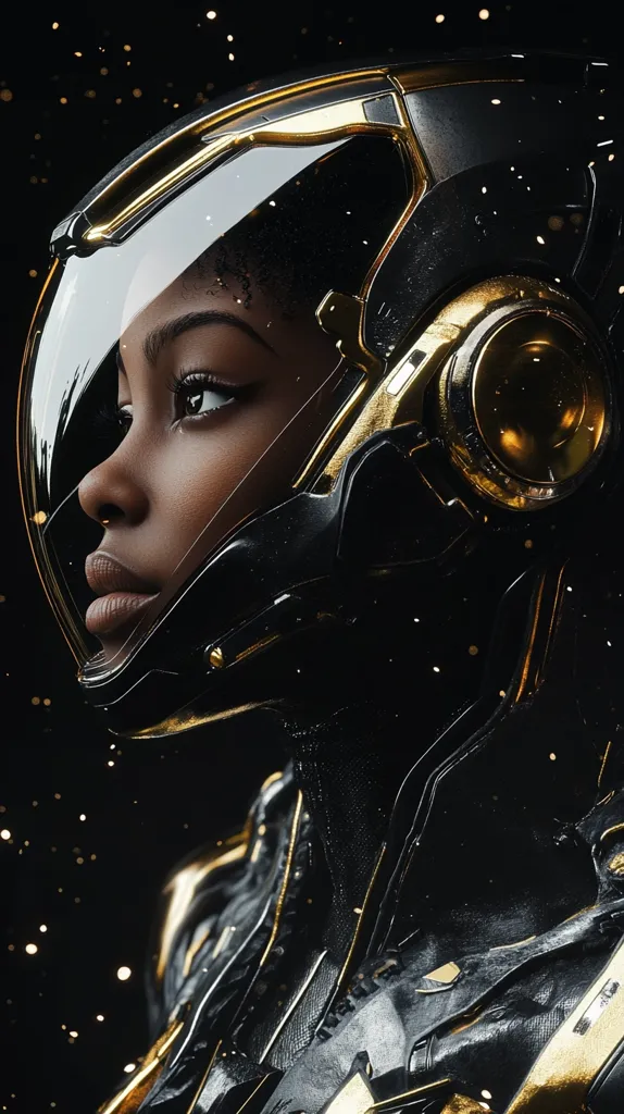 The image shows a close-up of a person's face wearing a black and gold futuristic helmet. The person's skin is dark, and their eyes are looking intensely forward. The helmet has a sleek design with a large, transparent visor. The background is a dark, starry sky with twinkling lights. The image evokes a sense of mystery and adventure.