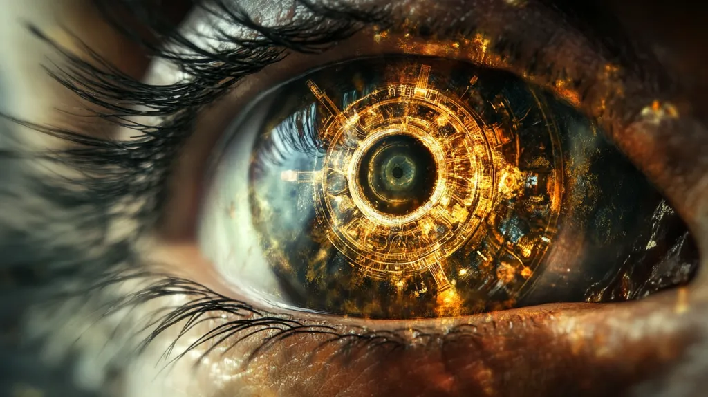 A close-up of a human eye, the iris replaced with a glowing, intricate circular pattern, suggesting technological enhancement or augmented reality. The surrounding eyelashes and skin are detailed, creating a contrast between the organic and the artificial. The image evokes a sense of futuristic vision and the potential for technological integration with the human body.
