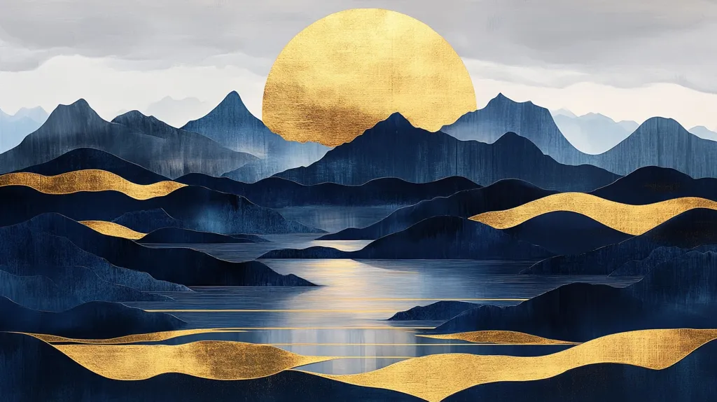 The image depicts a minimalist landscape with a large golden sun setting behind a range of layered, dark blue mountains. The mountains are reflected in a calm, blue body of water, creating a sense of serenity and tranquility.  Golden lines accentuate the undulating shapes of the mountains and water.  The painting evokes a sense of peace and harmony.