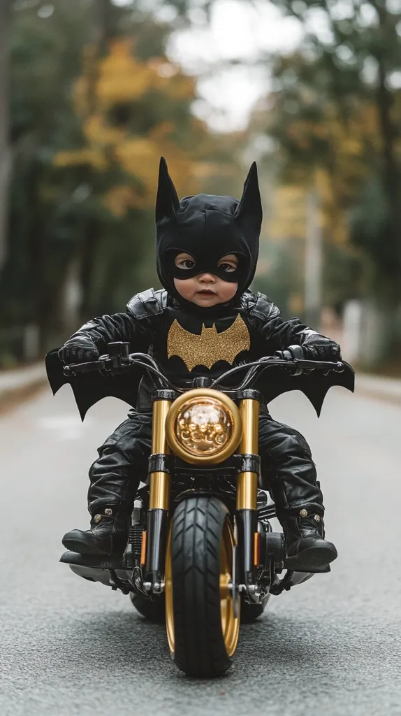 A baby dressed in a Batman costume sits on a miniature motorcycle. The motorcycle is black and gold, with a large front tire. The baby is looking straight ahead with a serious expression. The background is blurred, creating a sense of motion. The image is playful and whimsical, capturing the innocence of childhood.  The baby's serious expression and the motorcycle's details create a sense of cool and confidence.